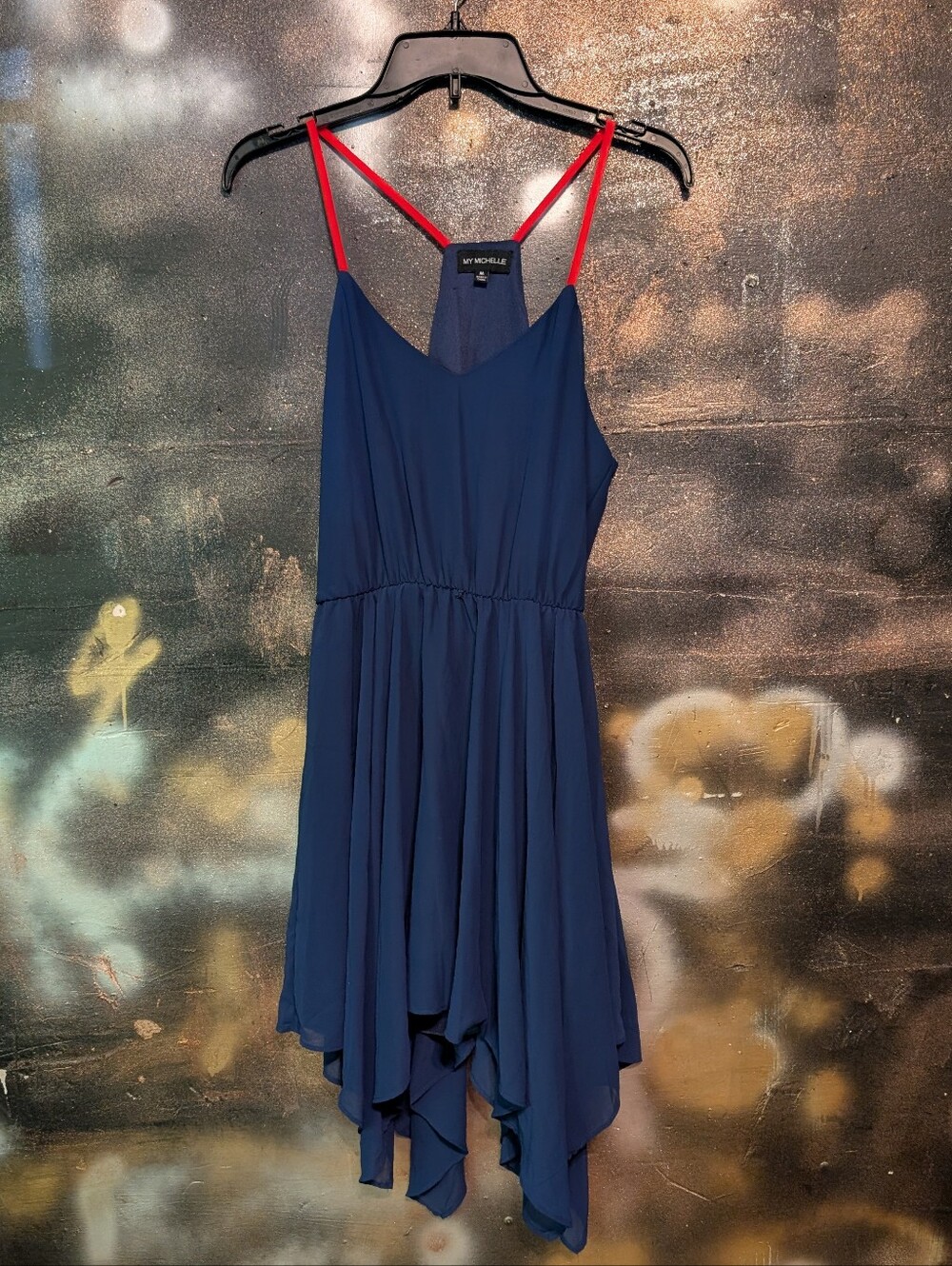 My Michelle Navy Dress with Straps, Asymmetrical Hem